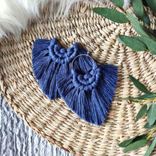 Load image into Gallery viewer, Blue Boho Babe macramé earrings in colour Jeans, eucalyptus leaves on the right side of the picture.