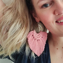 Load image into Gallery viewer, Model wearing Boho Babe macramé earrings in Vintage Pink.