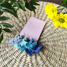 Load image into Gallery viewer, A set of macramé Wineglass Charms in shade Ocean View, yellow flowers on the right side, green leaves on the left side on the picture.