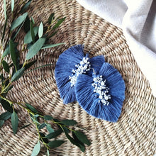 Load image into Gallery viewer, Uptown Pearl macramé earrings in colour Night Sky, green eucalyptus leaves on the left side of the picture.