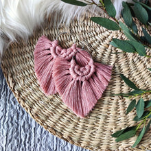 Load image into Gallery viewer, Vintage Rose coloured Boho Babe macramé earrings, eucalyptus leaves on the right side of the picture.
