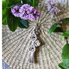 Load image into Gallery viewer, Grapevine Macramé Keychain in colour Beige, lilacs on the sides.
