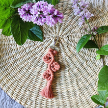 Load image into Gallery viewer, Grapevine Macramé Keychain in colour Terracotta, lilacs on the sides.
