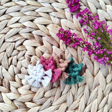 Load image into Gallery viewer, A set of macramé Wineglass Charms in a shade Sweater Weather, purple callunas on the right side.

